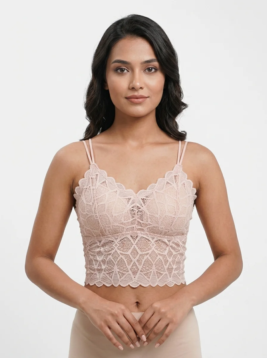 Model_posing_in_lace_camisole_202608240210 Premium Abstract Geometric Lace Camisole Bralette - Image 1