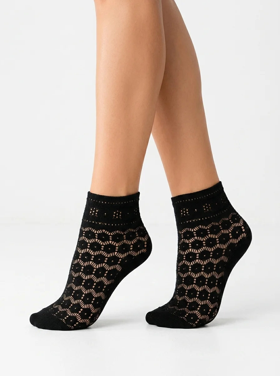 Model_wearing_patterned_ankle_socks_202608240609 Women's Breathable Pointelle Mesh Ankle Socks - Image 1