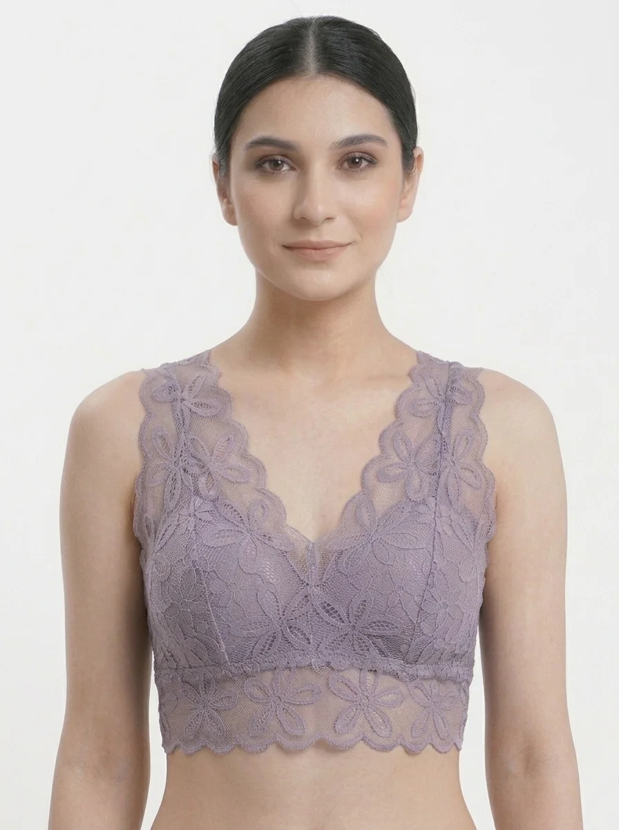 Woman_posing_in_lavender_top_202608240534 Premium 3D Floral Daisy Guipure Lace Longline Bralette - Image 1