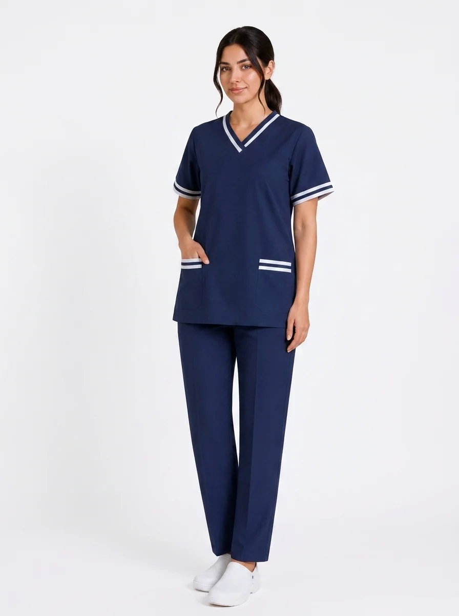 Woman_posing_in_medical_scrubs_202608290226 طقم يونيفورم احترافي نسائي من قطعتين للرعاية الصحية والموظفات - الصورة 1