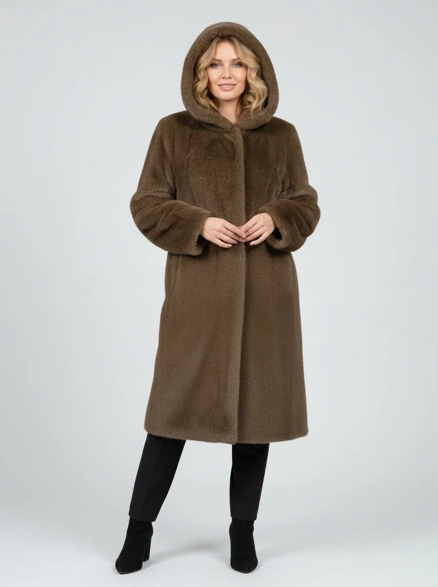 Female_model_wearing_brown_coat_20260917014604 Women’s Hooded Faux Fur Winter Coat - Image 1