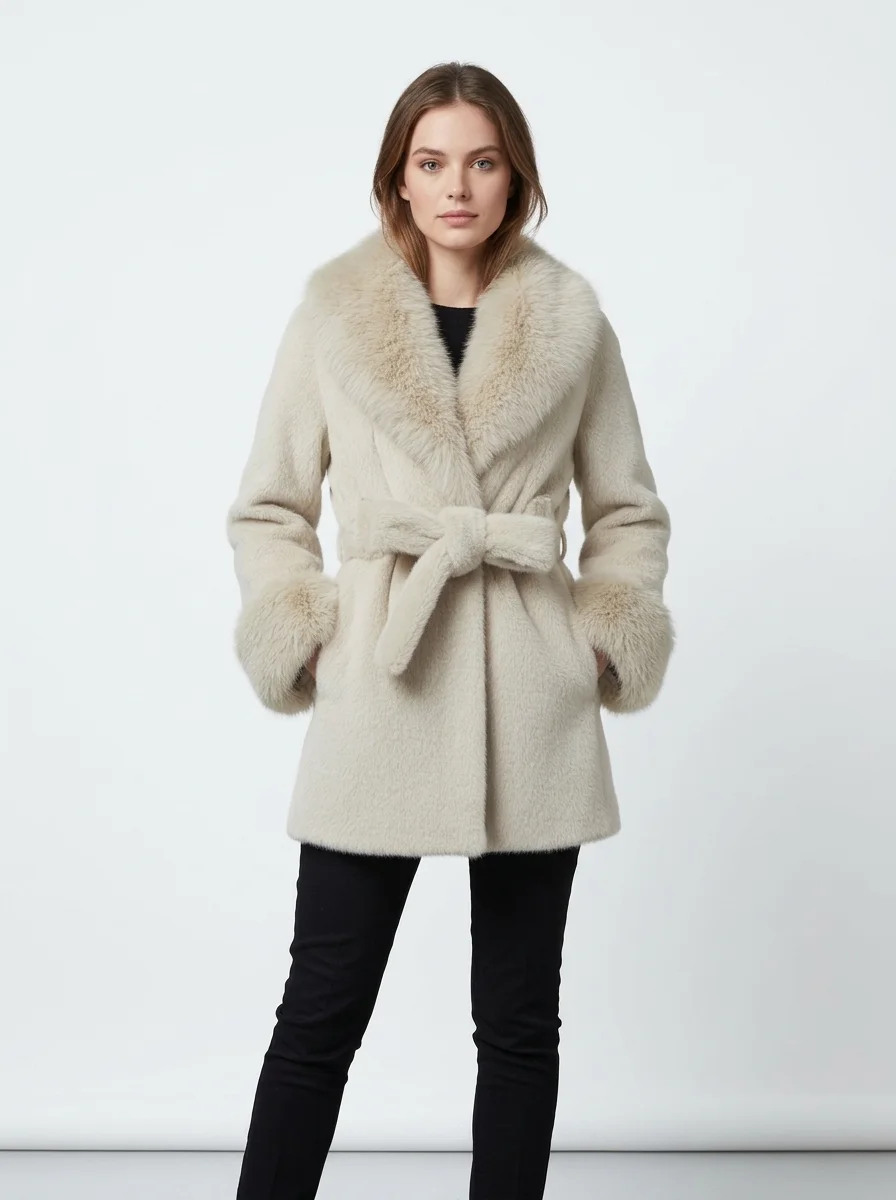 Model_posing_in_cream_coat_20260917015313 Women’s Luxury Belted Faux Fur Winter Coat - Image 1