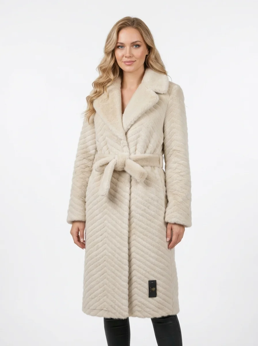 Model_wearing_beige_faux_fur_20260917020243 Women’s Luxury Belted Chevron Faux Fur Winter Coat - Image 1