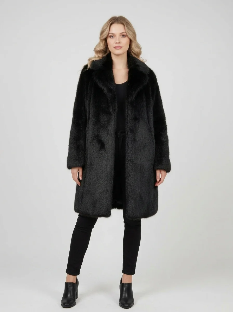 Model_wearing_black_fur_coat_20260917015859 Women’s Plush Faux Fur Winter Coat - Image 1