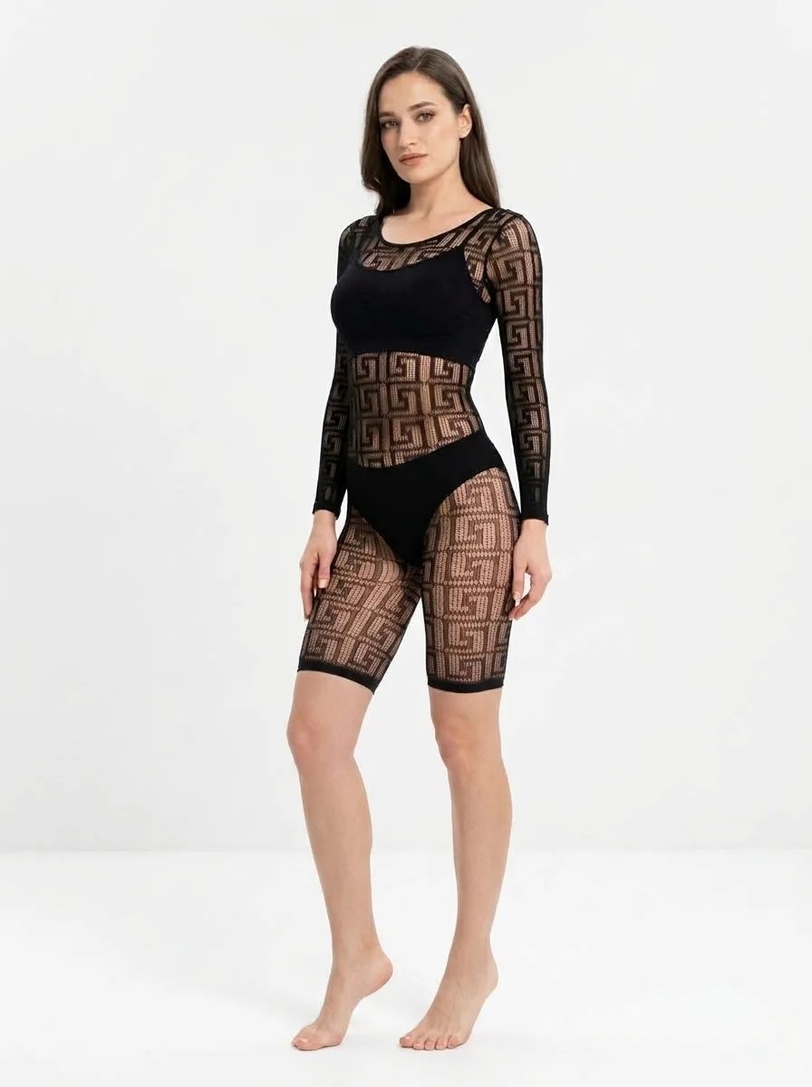 Model_wearing_black_mesh_bodysuit_20260915174647 Women’s Geometric Key & Diamond Jacquard Mesh Full-Body Tights - Image 1