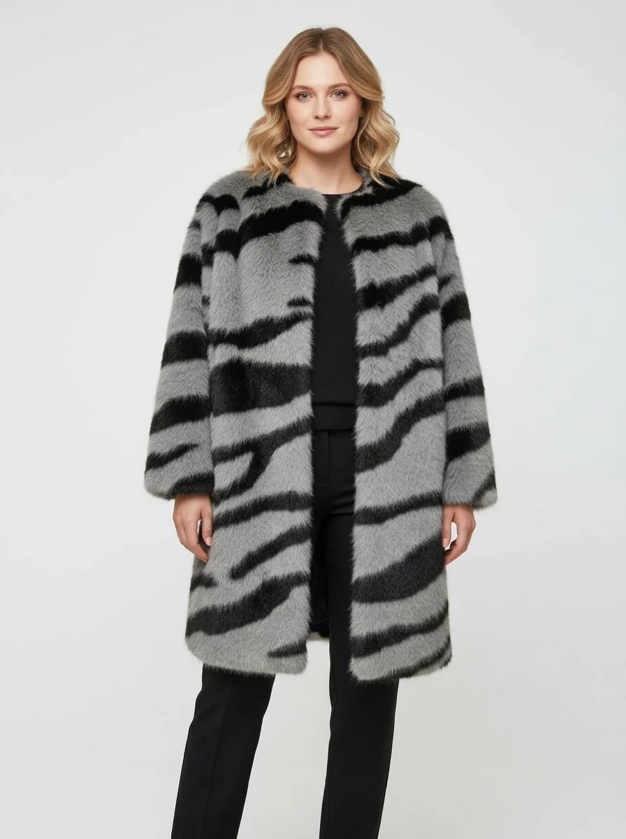 Model_wearing_gray_tiger_coat_20260917013854 Women’s Luxury Tiger Stripe Faux Fur Winter Coat - Image 1