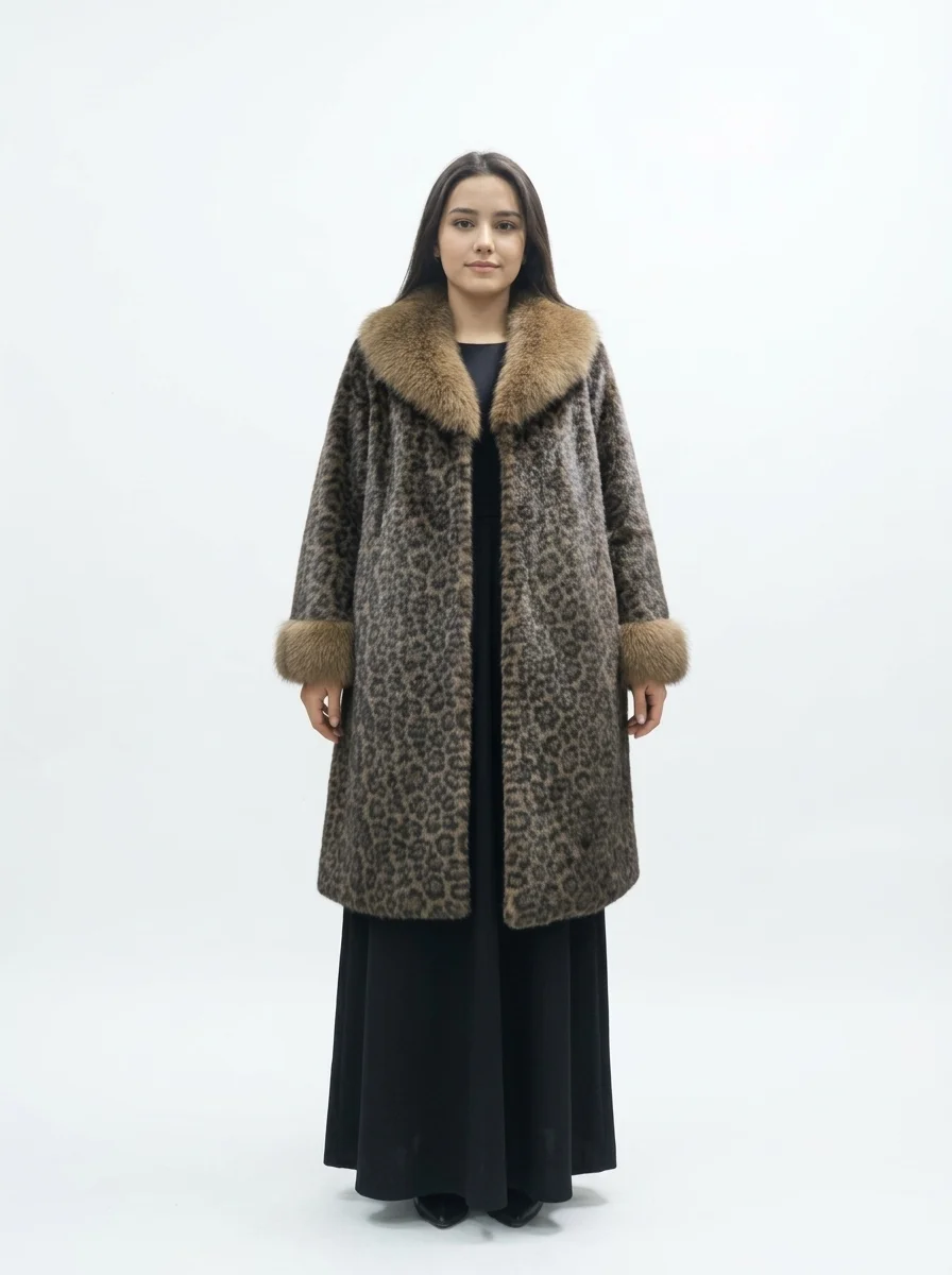 Model_wearing_leopard_print_coat_20260917012259 Women’s Luxury Leopard Faux Fur Winter Coat - Image 1