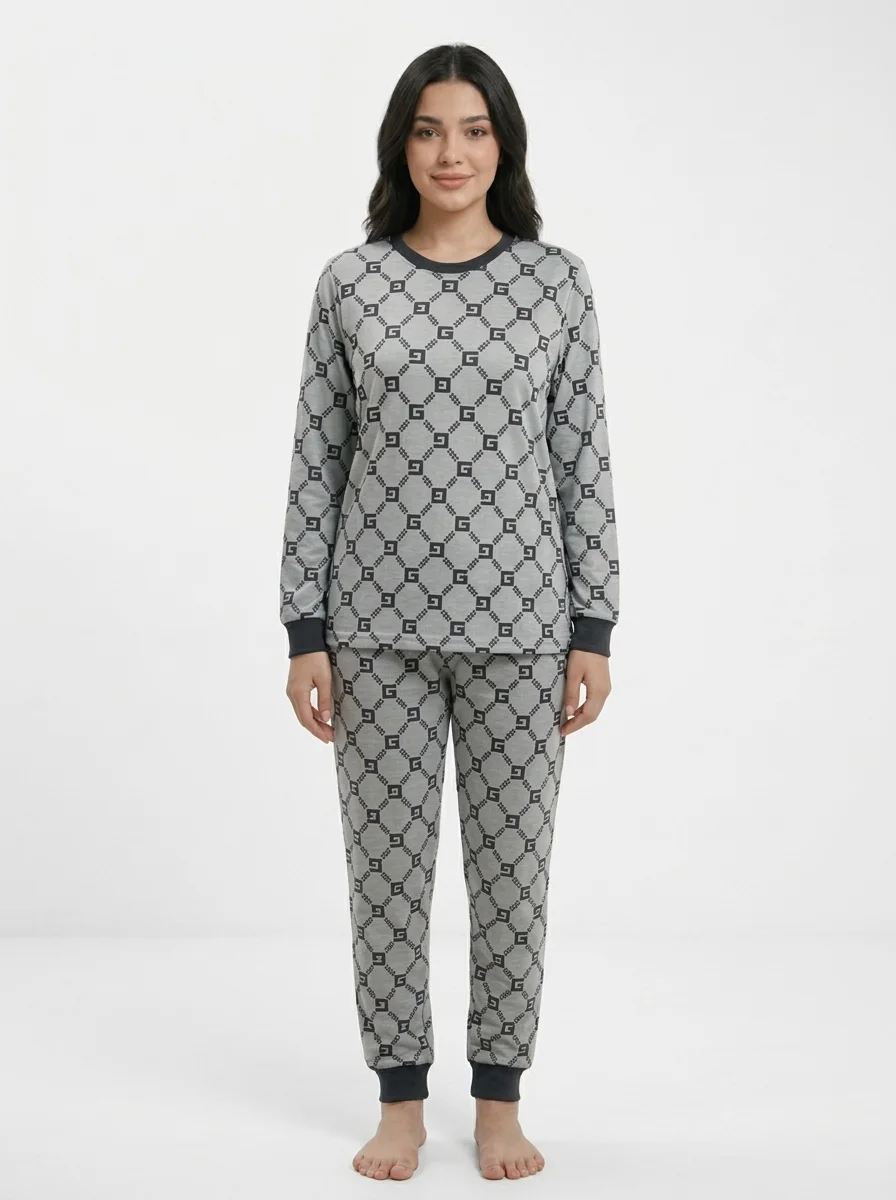 Model_wearing_patterned_pajama_set_20260922181650 Women’s Geometric Monogram Print Pajama - Image 1