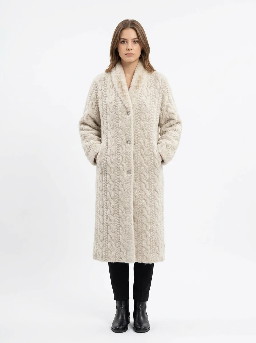 Woman_modeling_winter_coat_20260917021647 Women’s Luxury Cable Knit Faux Fur Winter Coat - Image 1